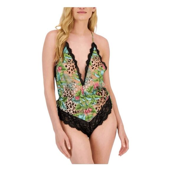 INC International Concepts Lace Chiffon Floral Lingerie Bodysuit Jungle Leopard - Picture 1 of 8